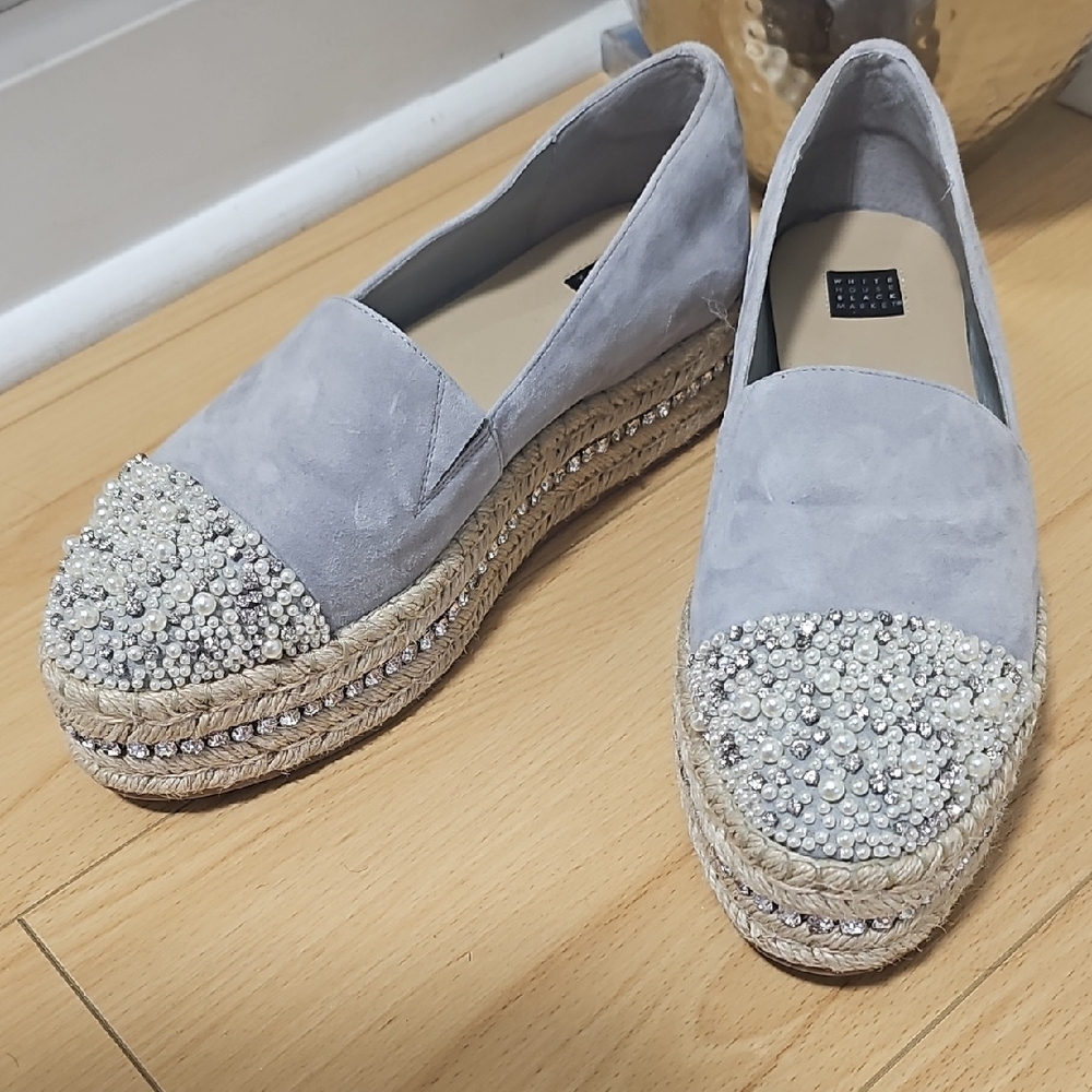 WHBM, Elegant Gray Leather Suede Espadrille Wedges with Pearl Detailing, 9.5